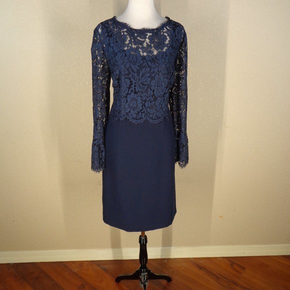 RSVP BY TALBOTS CREPE AND LACE COCKTAIL DRESS SZ 14 NAVY BLUE - Picture 3 of 8